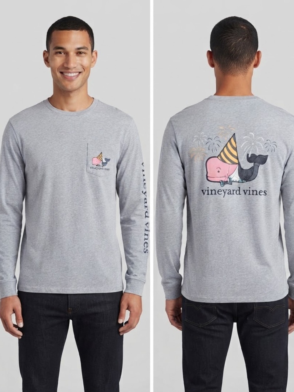 Vineyard Vines Men's Long-Sleeve Party Whale Tee - Gray/Pink size S